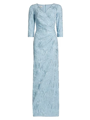 Ruched Metallic Jacquard Gown
