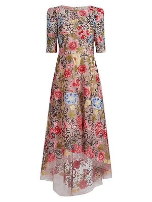 Floral Embroidery Mesh High-Low Midi-Dress