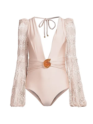 Seashell Plunging V-Neck Swimsuit