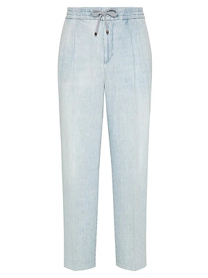 Denim Leisure Fit Trousers with Drawstring and Double Pleats