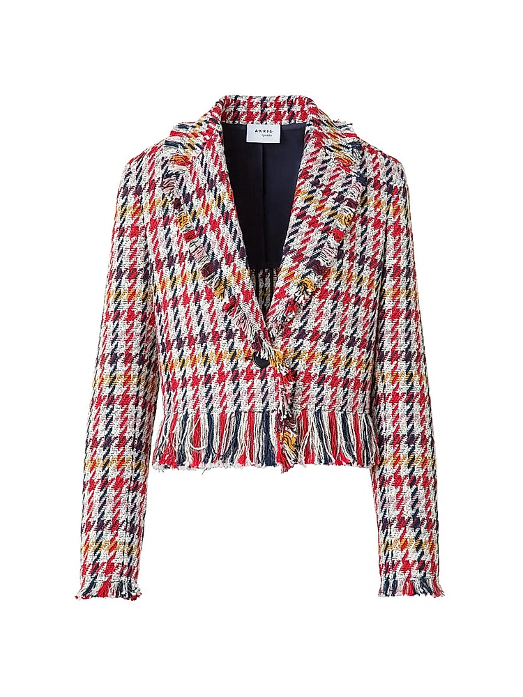 Houndstooth Tweed Fringe-Trim Blazer