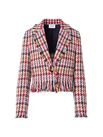 Houndstooth Tweed Fringe-Trim Blazer