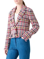 Houndstooth Tweed Fringe-Trim Blazer