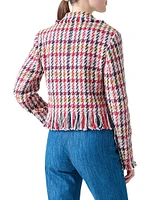 Houndstooth Tweed Fringe-Trim Blazer