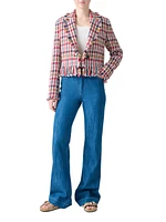 Houndstooth Tweed Fringe-Trim Blazer