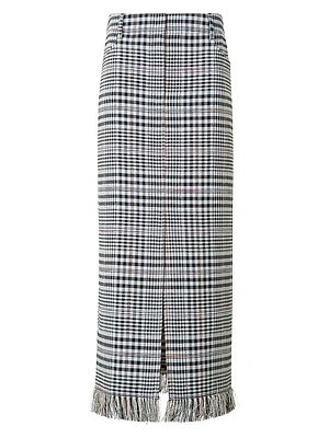 Fringed Plaid Pencil Midi-Skirt