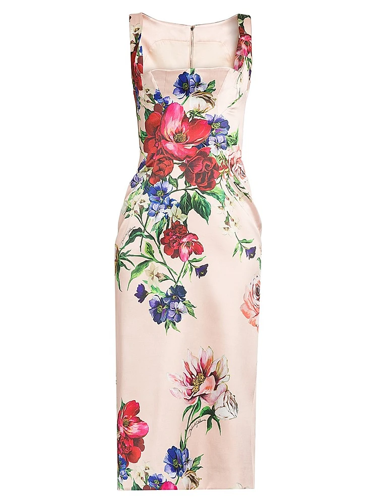 Satin Floral Sheath Midi-Dress