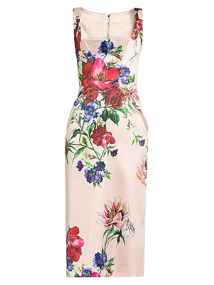Satin Floral Sheath Midi-Dress