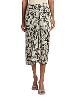 Sampa Draped Abstract Print Silk Midi-Skirt