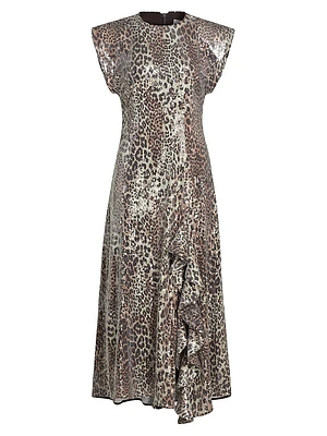 Sequined Leopard Ruffle Midi-Dress