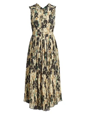 Floral Smocked Pleat Midi-Dress