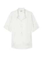 Topher Satin Ruffle Collar Short-Sleeve Top