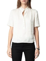 Topher Satin Ruffle Collar Short-Sleeve Top