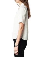 Topher Satin Ruffle Collar Short-Sleeve Top