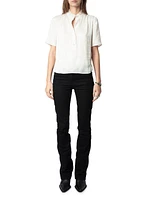 Topher Satin Ruffle Collar Short-Sleeve Top