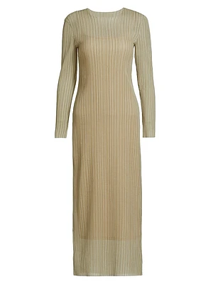 Plissé Long-Sleeve Midi-Dress