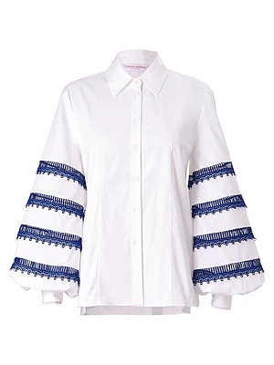 Cabana Embroidered Striped Puff-Sleeve Blouse