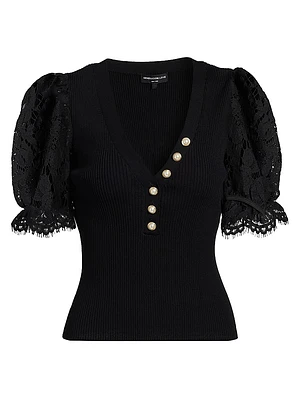 Meryl Lace-Sleeve Rib-Knit Top