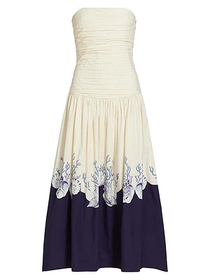 Malla Marine-Print Cotton Strapless Maxi Dress
