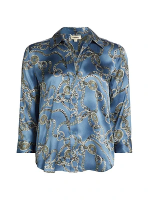 Dani Chainlink Print Silk Button-Front Blouse