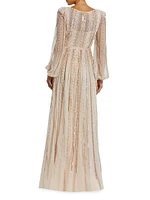 Striped Beaded Chiffon Boatneck Gown