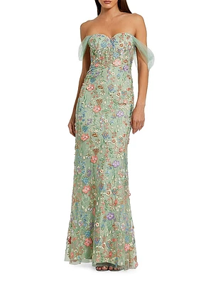 Seasonless Embroidered Tulle Off-The-Shoulder Bustier Gown
