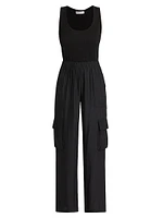 Carys Mixed-Media Cargo Straight-Leg Jumpsuit