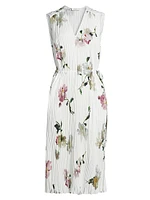 Wilted Peony Pleated V-Neck Midi-Dress