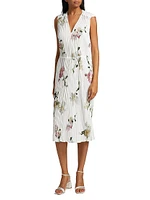Wilted Peony Pleated V-Neck Midi-Dress