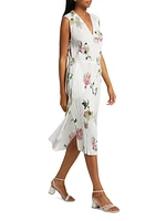 Wilted Peony Pleated V-Neck Midi-Dress