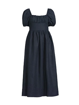 Dalia Puff-Sleeve Linen Midi-Dress