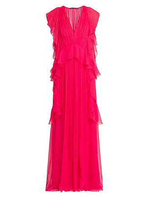 Silk Chiffon Ruffle V-Neck Peplum Gown