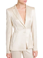 Silk-Blend Satin Open Back Asymmetric Jacket