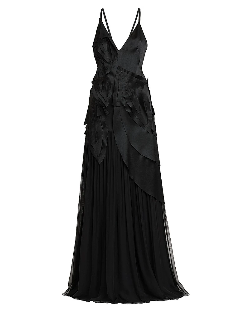 Appliquéd Satin & Chiffon Crisscross Back Gown