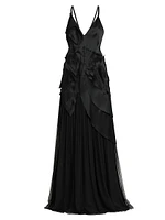 Appliquéd Satin & Chiffon Crisscross Back Gown