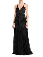 Appliquéd Satin & Chiffon Crisscross Back Gown