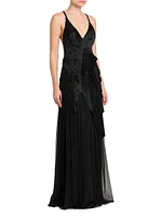 Appliquéd Satin & Chiffon Crisscross Back Gown