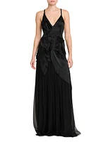 Appliquéd Satin & Chiffon Crisscross Back Gown