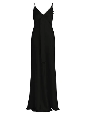 Ruffle-Trimmed Satin Sleeveless Gown