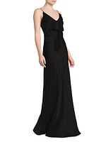Ruffle-Trimmed Satin Sleeveless Gown