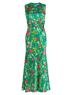 Gwen Floral Silk Tie-Waist Midi-Dress