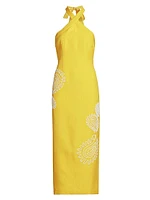 Carly Embroidered Linen-Blend Halterneck Midi-Dress