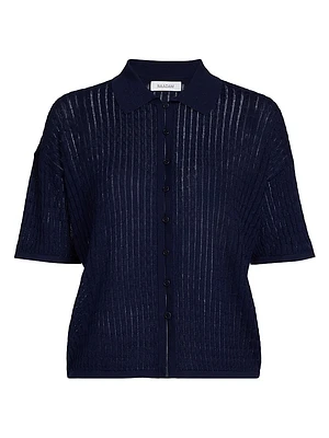 Cable Pointelle Short-Sleeve Button-Up Shirt