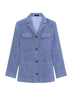 Stretch-Linen Cinch-Waist Denim Jacket