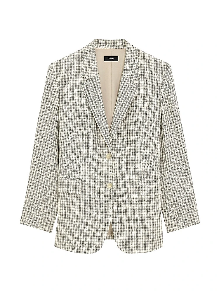Plaid Linen-Blend Oversized Blazer