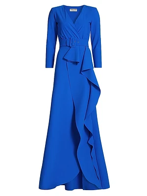 Afix V-Neck Belted Ruffle Gown