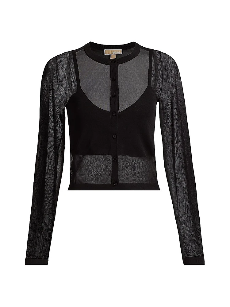 Sheer Button-Front Crop Cardigan