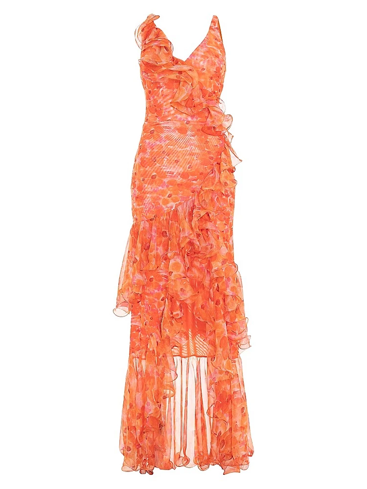 Myosotis Floral Chiffon & Tulle Ruffle Gown