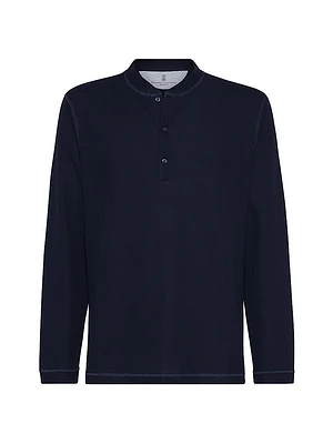 Cotton Waffle Jersey Long Sleeve T-Shirt with Henley Collar