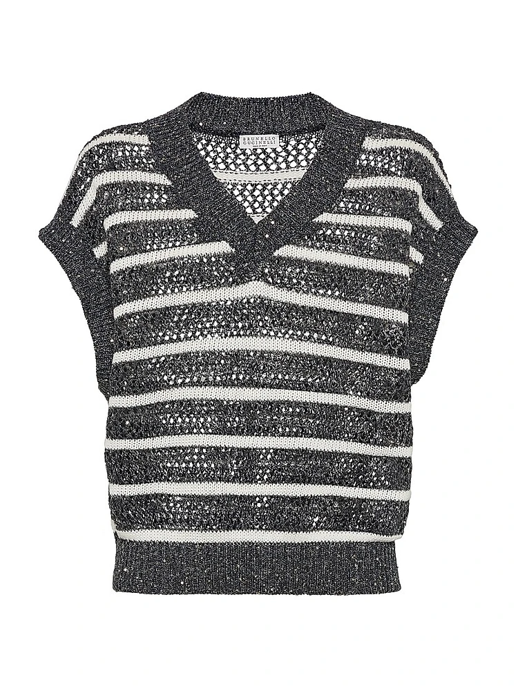 Dazzling Striped Net Knit T-Shirt Linen